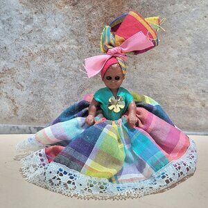 VTG French Martinique Plastic Sleeping Doll  South African Long Dress Headdress